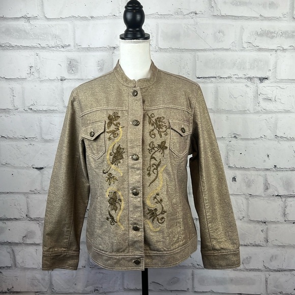 Chicoโs Gold Metallic Lined Button Down Embroidered Jacket - Picture 1 of 11